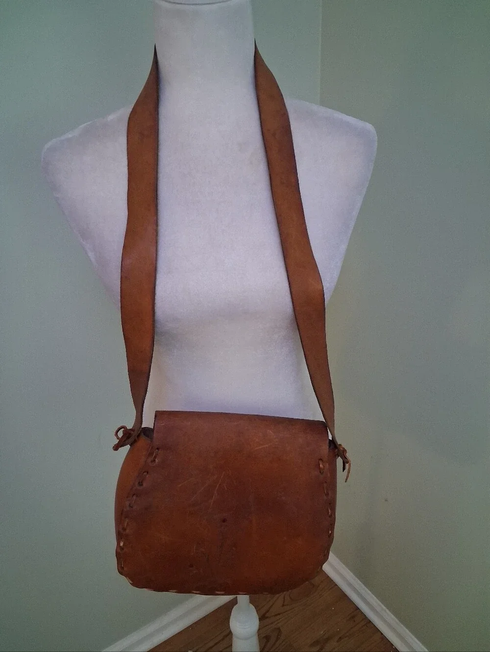 Vintage Hand Tooled Leather Crossbody Saddle Bag